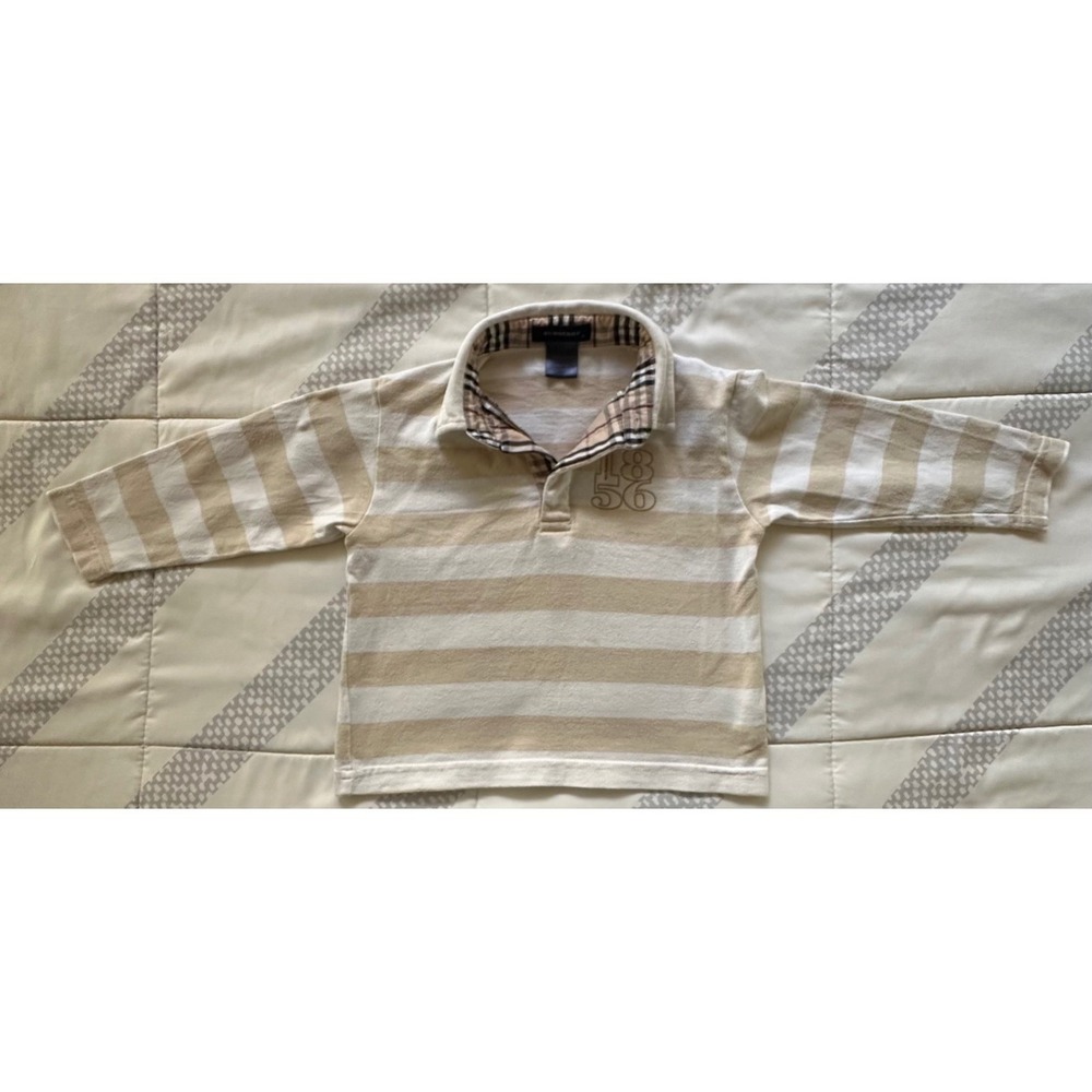Burberry Kids Tan White Striped Long Sleeve Rugby Polo Shirt 1856 Logo Size 2